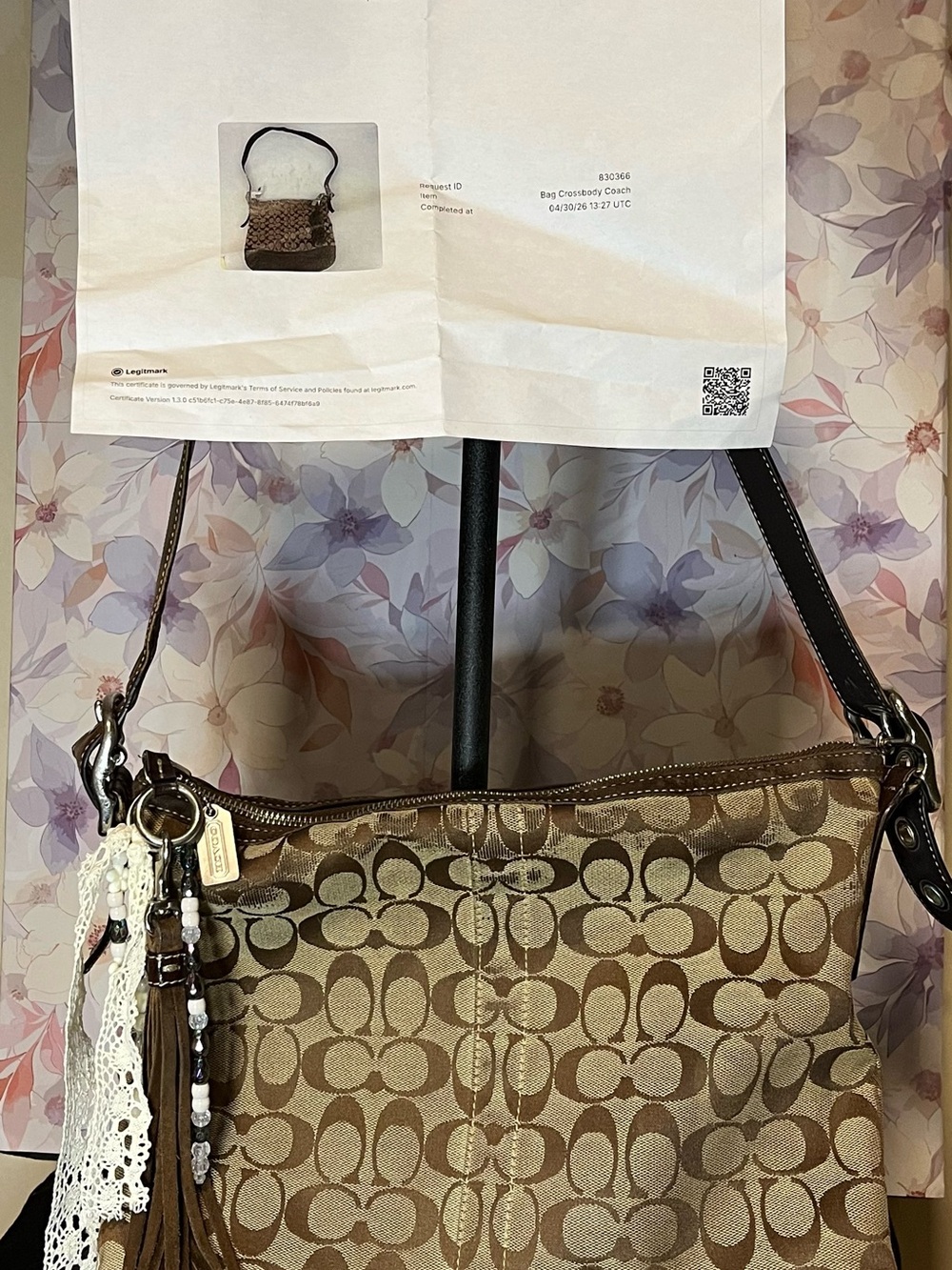 Coach Tan and Brown Signature Canvas Shoulder Bag with Tassel Charm